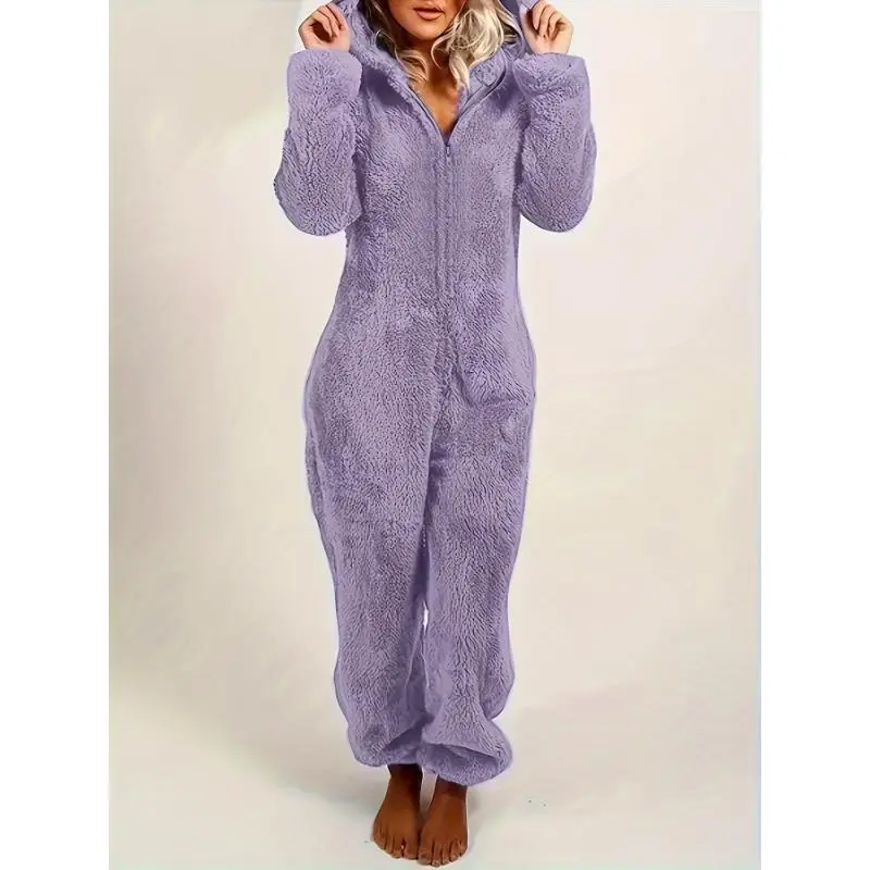 Women's Fuzzy Polyester Pajama Onesie Set - Longsleeves Hooded Nightwear Jumpsuit, Casual Solid Knit Loungewear with Front Zipper, Pajama Set, Cute, Romper Onesie, Polyester Knit, Micro Elastic, Machine Wash, Do Not Dry Clean, Zippered Front, Full Length,