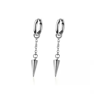 Dangling Chain with Spike Huggie Hoop Earrings - Pair - 316L Stainless Steel fashionable dangle