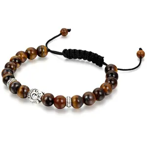 OIDEA Tiger Eye Stone Buddha Head Braided Adjustable Bracelet for Men Women 8mm Beaded Yoga Spiritual Wristband