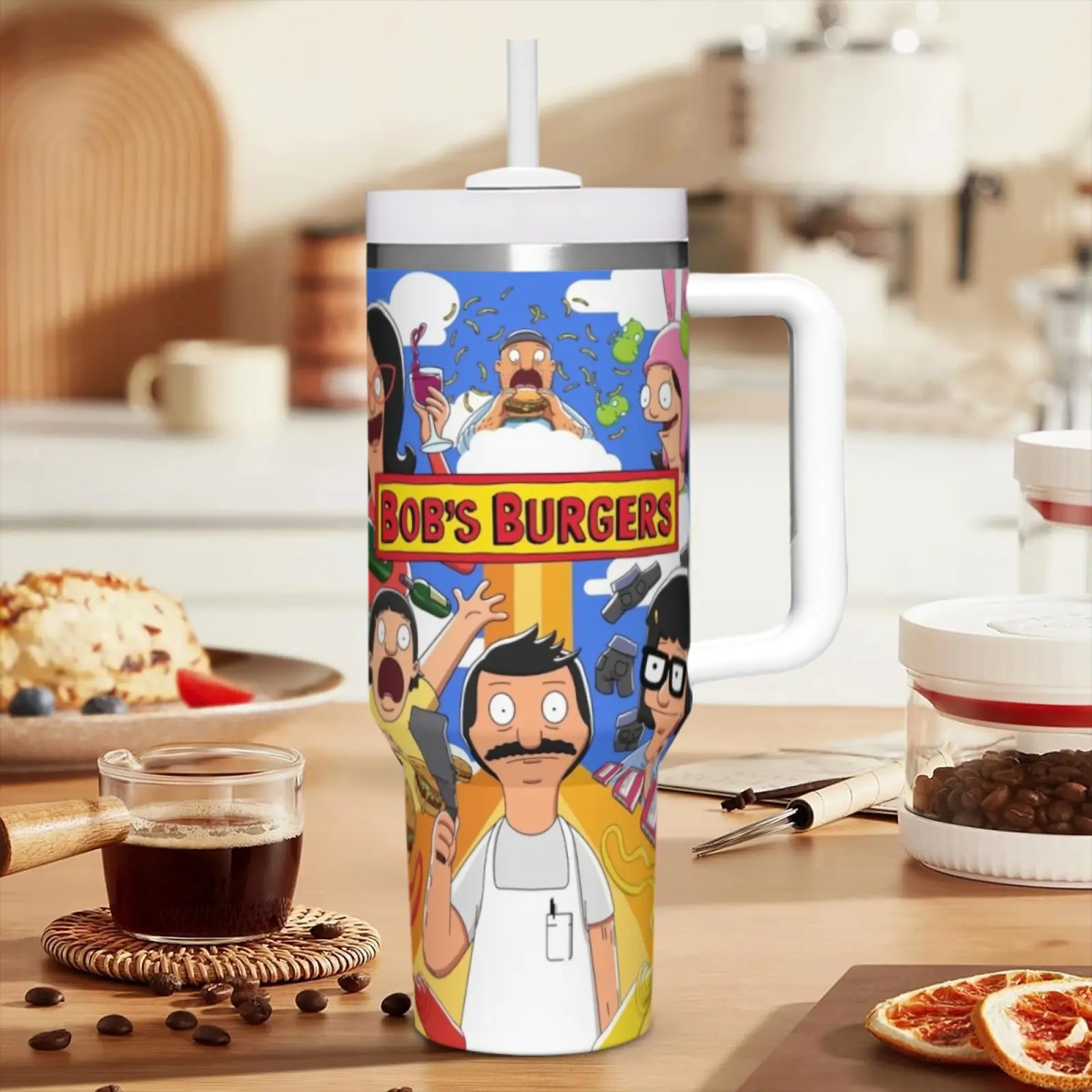 1pc 40oz Stainless Steel Insulated Coffee Tumbler with Handle & Straw, Vacuum insulated tumbler, Vacuum Insulated Flask, Bob's Burgers Themed Portable Travel Mug, Leakproof Cup for Outdoor Camping & Cartoon Fans, Insulated Travel Drinkware
