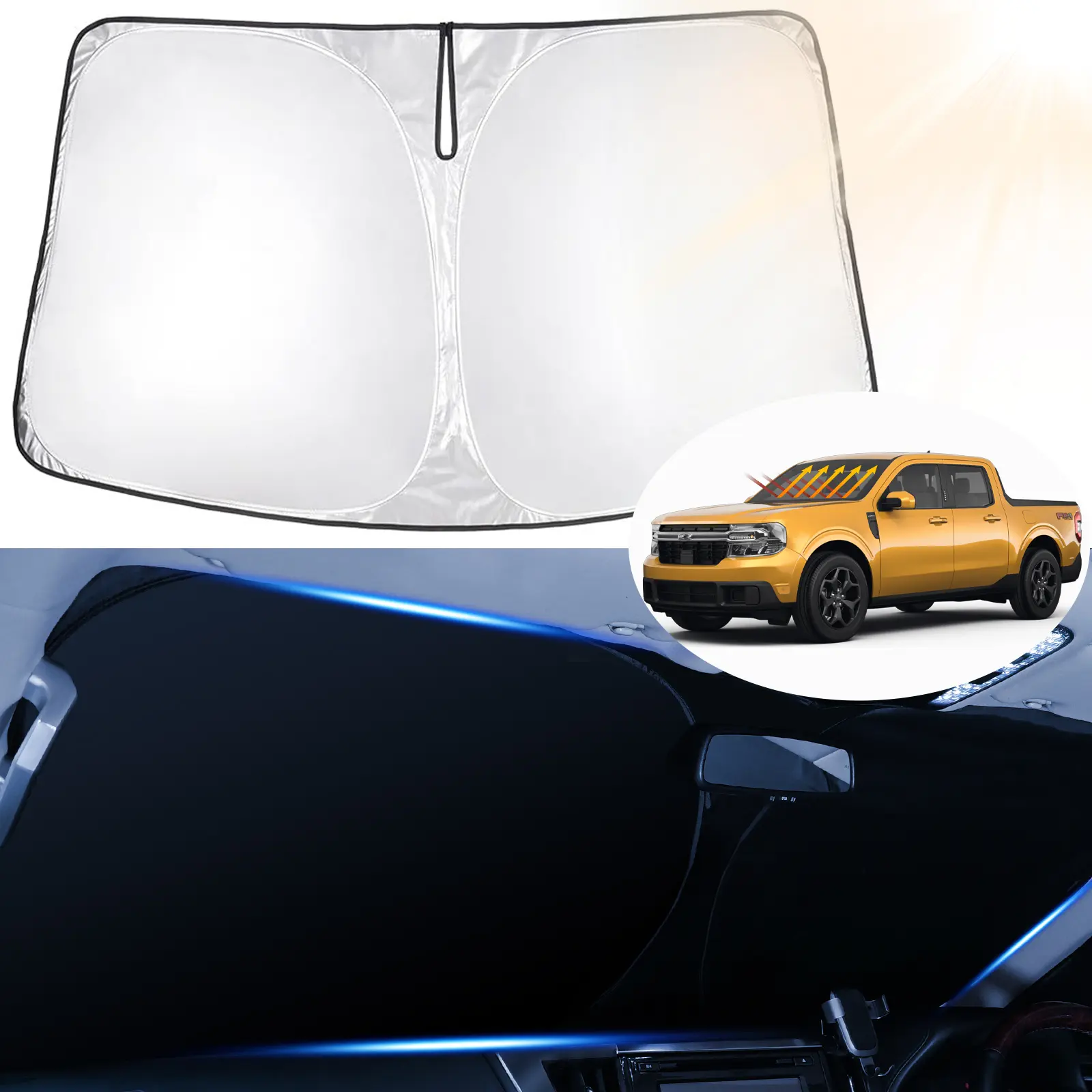 Canvcle Portable Car Sunshade for Ford Maverick 2022-2026, 240T 5-Layer Foldable Reflector Windshield Sun Shade with Elastic Wire, UV-Protective Heat Blocker, Car Interior Protector, Helps AC Cool Faster