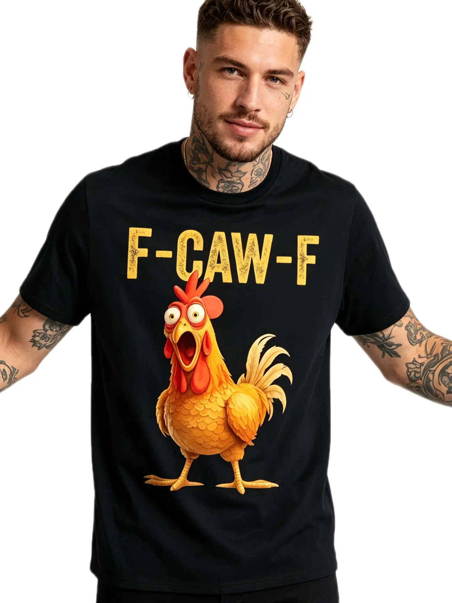 Men's Cotton Playful Chicken Print T-Shirt - Casual Short-Sleeve Crewneck Streetwear Graphic Tee, Unisex 90s Style, Hannah Montana 20th Anniversary Merch, 2026 Masters Merch, Tshirt, Shortsleeve, Fashion, Cartoon Style, Playful Look, Funny Text, Round, 90