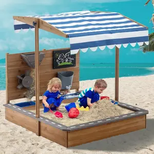 Linor Kids Wooden Sandbox with Roof, Canopy, Adjustable Cover, Sand Funnel, and Drawing Board for outdoor fun in the backyard or beach