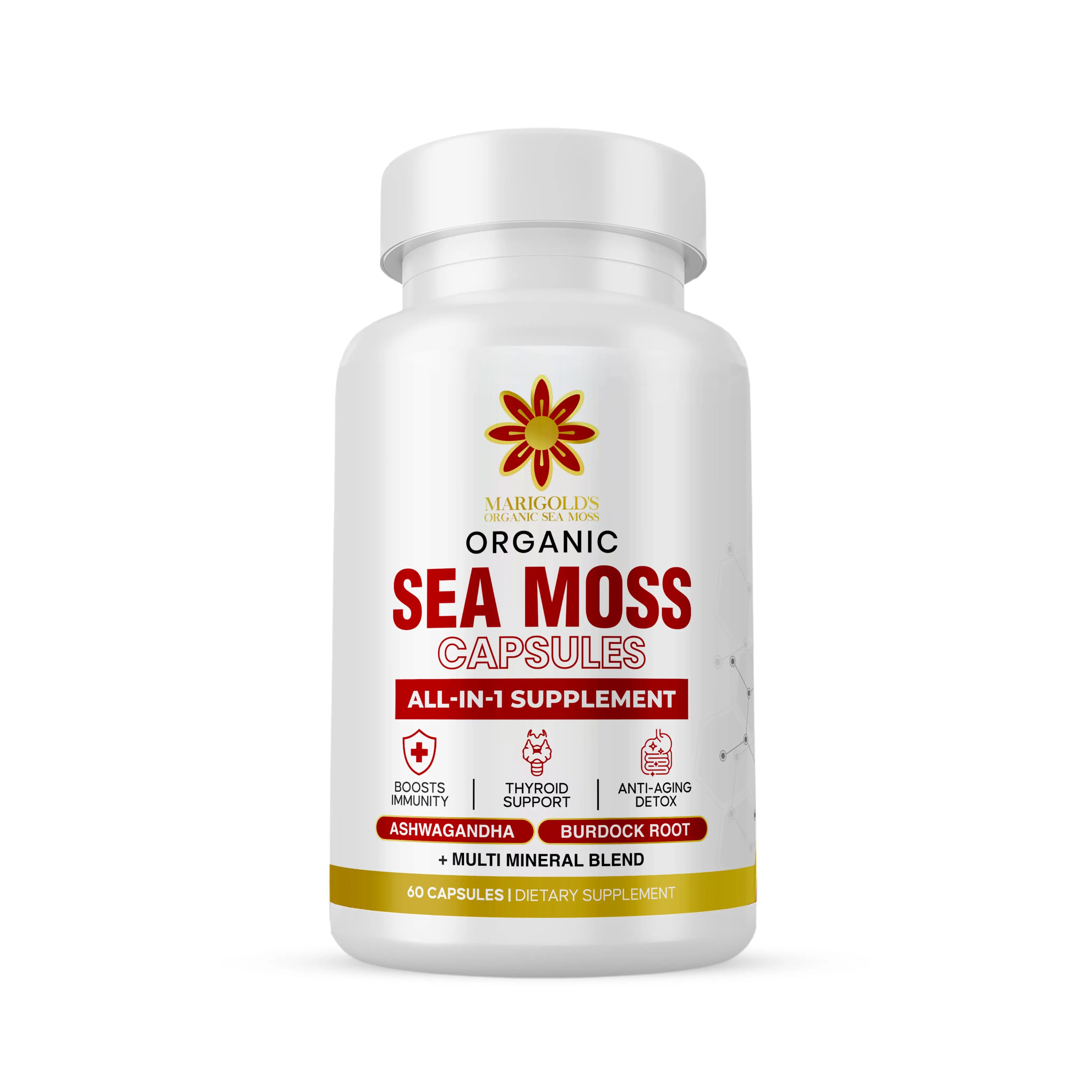 Marigolds Organic Sea Moss Capsules All-in-1 Supplement with Ashwagandha Black Seed Oil & Burdock Root for Health & Energy 60 Capsules