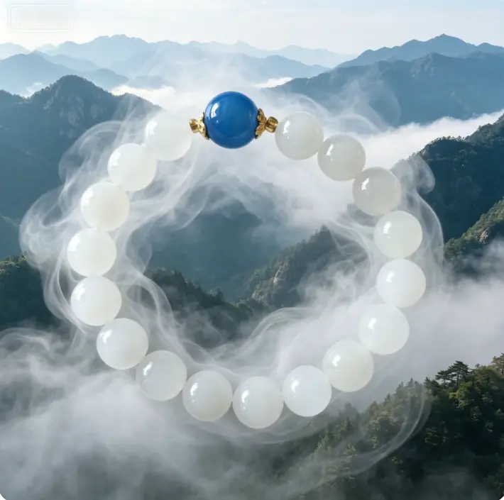 Adults' Classic Business Formal Natural White Jade Round Bead Worry Bracelet, Gold-Wrapped Agate Chalcedony Blue Stone Peace Luck Amulet Costume Jewelry, Elastic Stretch, Crystal, Daily, Gemstone, Fine Polishing, Mirror, Premium, Polished