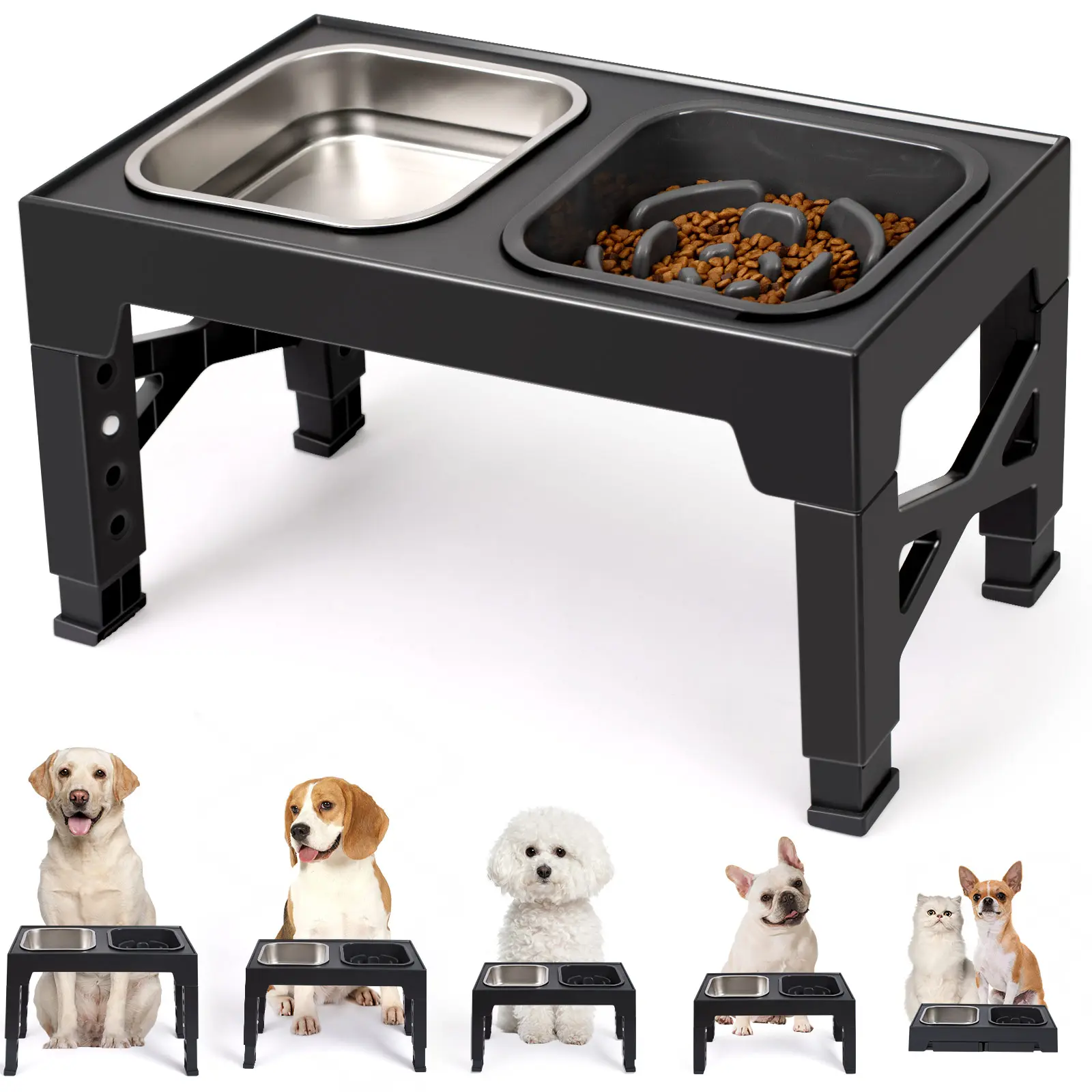 Adjustable Height Elevated Dog Feeding Bowl Set - 5 Adjustable Heights (3.2 to 12.2 in), 1 Stainless Steel Bowl, 1 Slow Feeder Digestion Aid, Easy Assembly, for Small to Large Dogs - DealsforYourDays