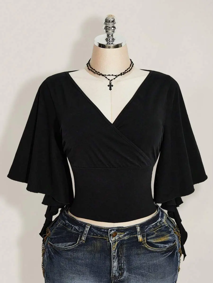Women's Waist-Cinching T-Shirt - Cropped Wrap V-Neck Slim Fit Top for Work and Errands