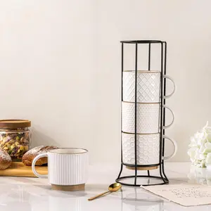 12OZ Stackable Coffee Mugs with Stand, Ceramic Coffee Mugs with Texture Patterns for Man,Woman,Dad,Mom, Modern Coffee Cups Set of 4 for Latte/Cappuccino/Cocoa. Dishwasher&Microwave Safe