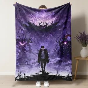 Solo Leveling "Shadow Monarch" Flannel Blanket,Sung Jin-Woo & Demon King Print, Epic Anime Plush Throw Blanket,Purple Shadow Monarch Anime Blanket,Cozy Gamer Throw for Bedroom