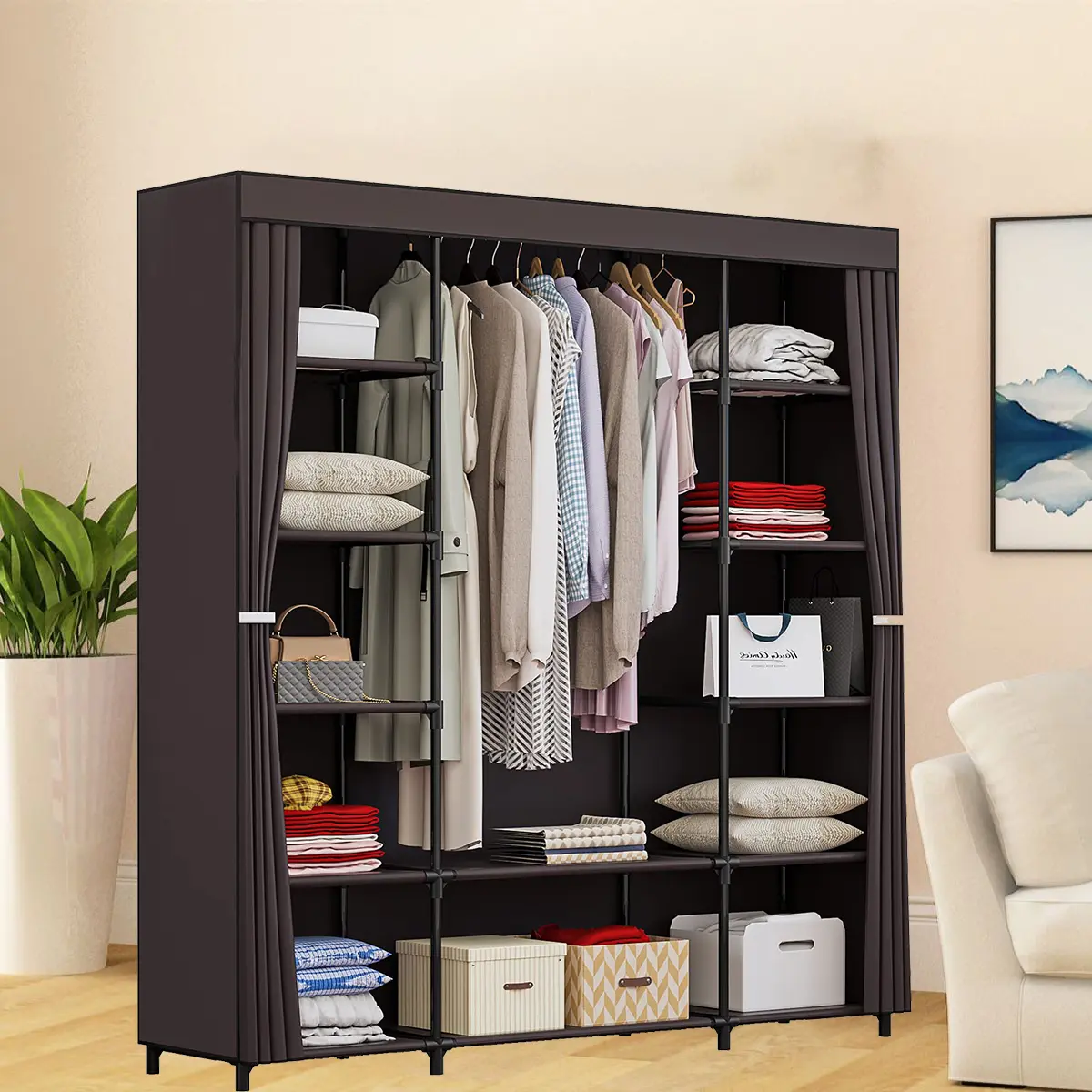 Closet Wardrobe, Portable Closet for Bedroom, Clothes Rail with Non-Woven Fabric Cover, Clothes Storage Organizer, 59 Inches, 12 Compartments