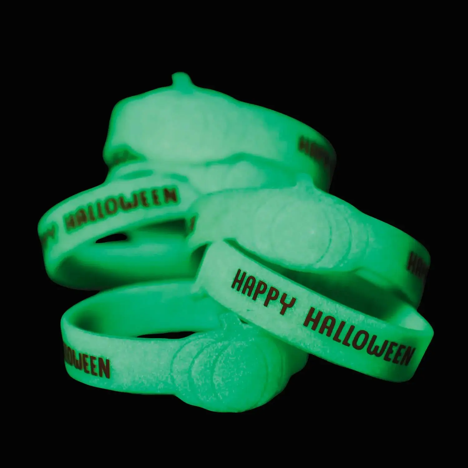 Glow-in-the-Dark Happy Halloween Pumpkin Silicone Bracelets - 7 1/4", 12 pieces