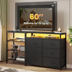 HAUOMS TV Stand for 60 Inch TV,Entertainment Center with Power Outlets and LED Lights,L Shaped Convertible Dresser with Open Shelf, 6 Drawers with PU Finish, for Living Room