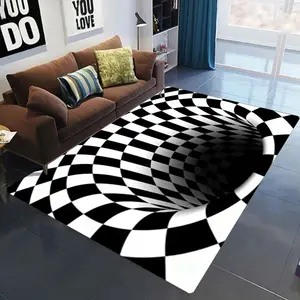 1piece Optical Illusion Mat Checkerboard Pattern Rug 3D Effect Modern Art Living Room Home Decoration Black White Floor Mat Checkered Area Rug Indoor and Outdoor Use