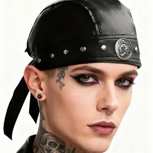 Men Leather Bandana with Adjustable Ties Pirate Cap Skull Studded Headwrap Doo Rags Skeleton Motorcycle Biker Hair Bonnets Hats Accessories Streetcore