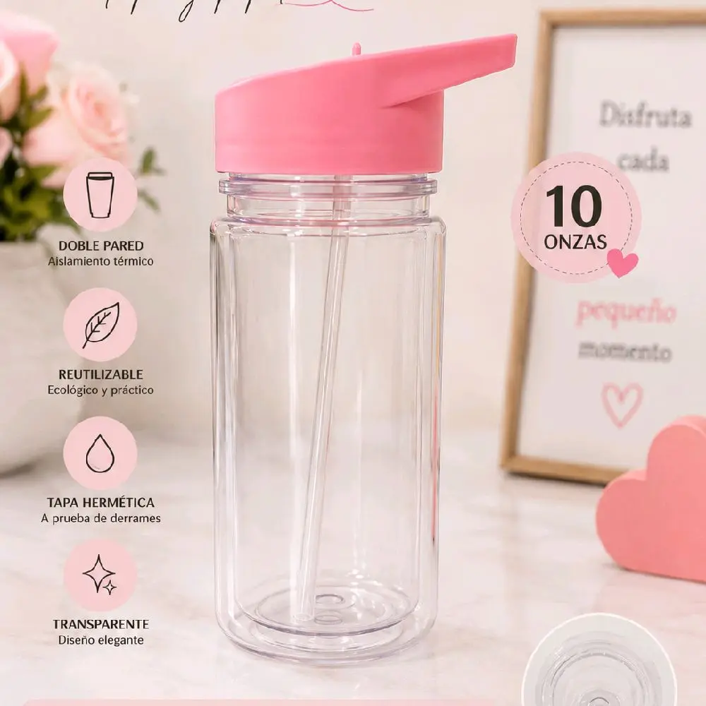 Vaso Acrílico Doble Pared de 10 Onzas con Tapa y Popote | Reutilizable | Transparente