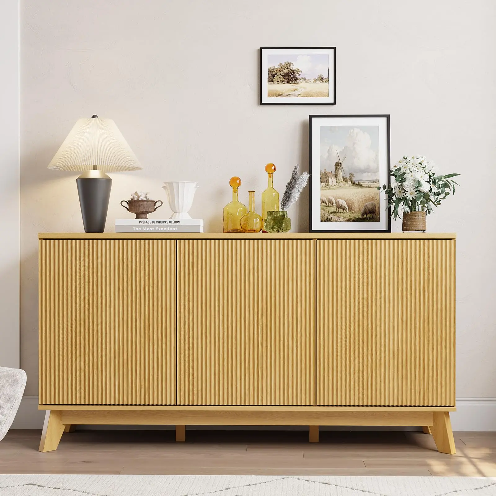 58" Modern Farmhouse Sideboard Buffet Cabinet with Adjustable Shelves Storage & 4 Doors,Wood Buffet Console Table,for Dining Room,Living Room,Natural