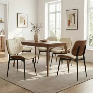 Set of 2 Mid-Century Modern Dining Chairs – PU Leather Upholstered Seats – Walnut Bentwood Back with Shell Strips – Ergonomic Accent Chair – Metal Legs & Adjustable Feet – Ideal for Kitchen & Dining Room