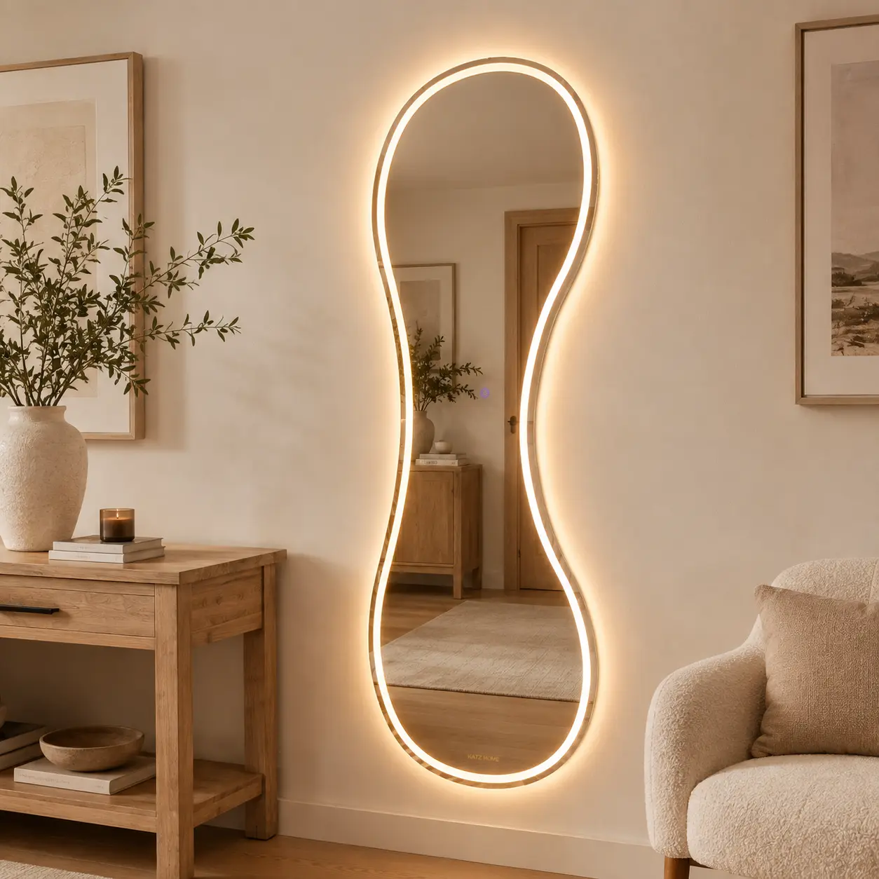 65" x 25" Irregular LED Bathroom Mirror, Modern Wave Shape Wall Mounted Vanity Mirror with Tempered Glass, 3 Color Adjustable Lighting, Touch Control Dimmable Lighted Mirror for Bathroom, Vanity and Home Decor