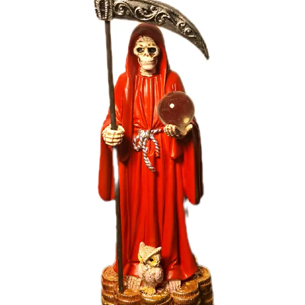 8.5 inch Santa Muerte Statue with movable Scythe and Owl Decorative Figure Intriguing Religious Decoration Red Standing Ornaments