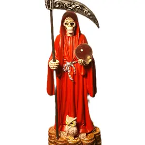 8.5 inch Santa Muerte Statue with movable Scythe and Owl Decorative Figure Intriguing Religious Decoration Red Standing Ornaments