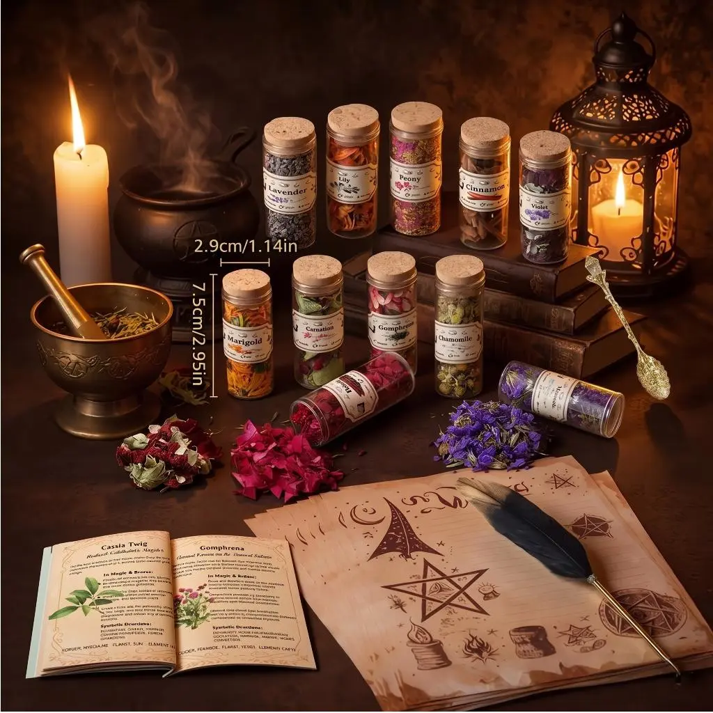 30-Piece Deluxe Botanical Apothecary Kit Box | Labeled Glass Vials & Jars, Herb Collection with Starter Tools for DIY Crafting, Wedding Gift Styling, Labeled Jars