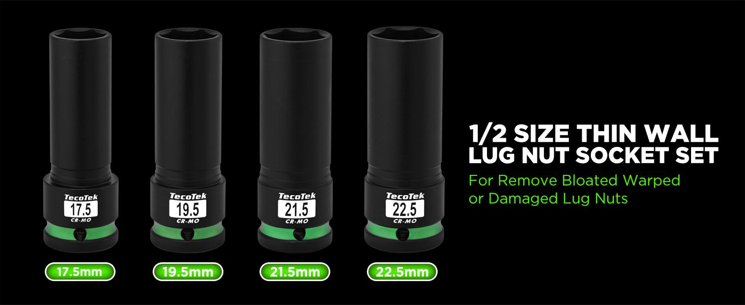 TecoTek 4PCS 1/2" Drive 1/2 Size Thin Wall Lug Nut Socket Set, Half Size Wheel Socket, 17.5mm, 19.5mm, 21.5mm, and 22.5mm, CR-MO, for Damaged, Swollen and Stuck Lug Nuts#fathersdaygift