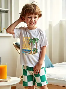 Boys Coconut Tree Cartoon Print Short Sleeve T-Shirt + Shorts Two-Piece Set, Summer Casual Outfit for Kids 4-7 Years