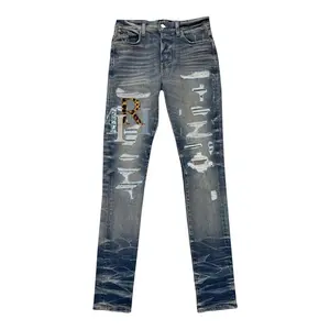 Menswear Denim Pants, Amiri Staggered Logo Leather Jeans, Vintage Indigo Multi