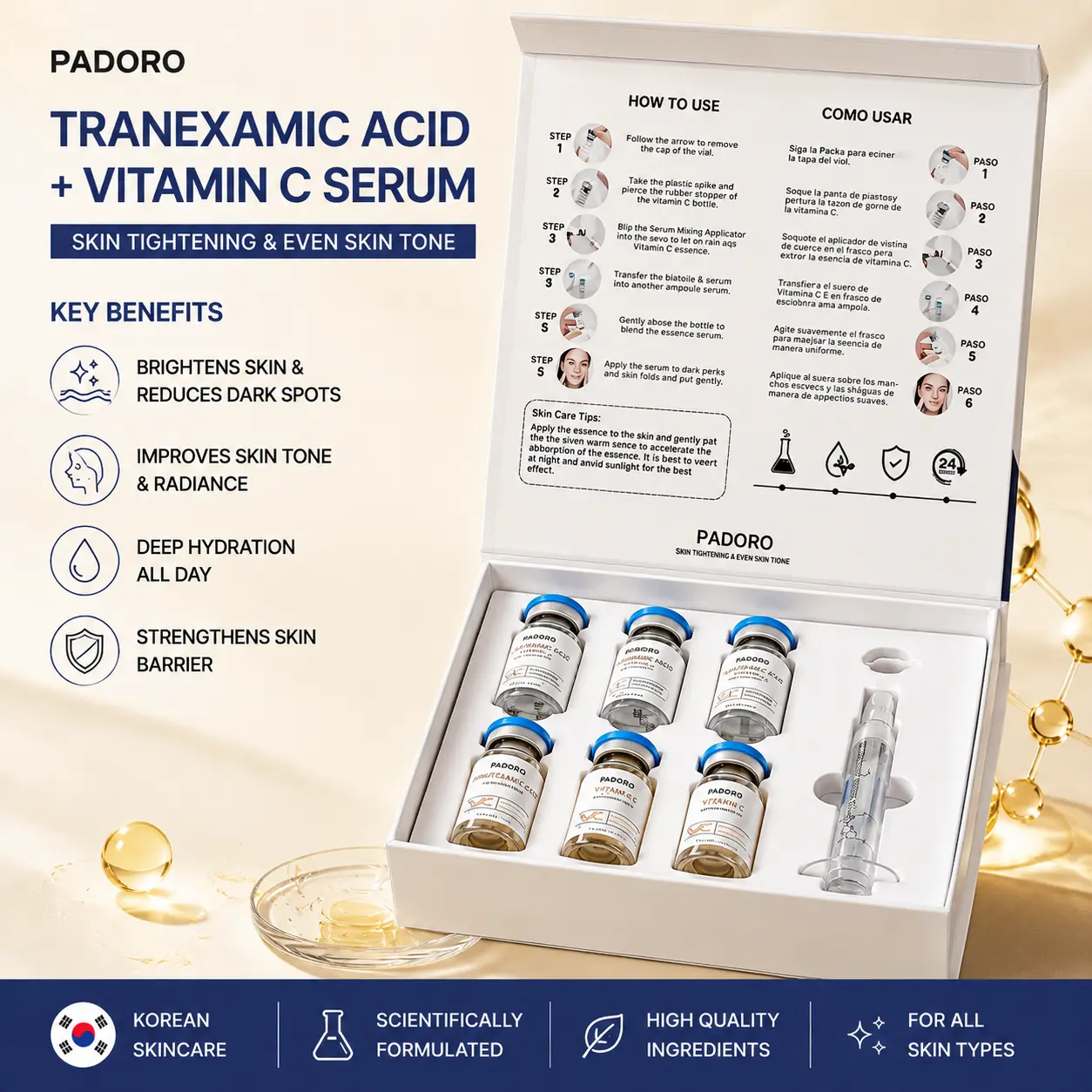 PADORO TRANEXAMIC ACID + VITAMIN C Hybrid Essence Serum, with dual brightening ingredients working synergistically, helps even out skin tone and enhance skin fineness and radiance.