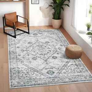 GARVEE Washable Vintage 5x7 Area Rug Distressed Floral Print Living Room Rugs Retro Accent Floorcover Mat Non Slip Low Pile Throw Carpet for Kitchen Dining Room Office Apartment, Light Grey