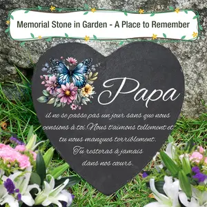 One Stone-made Garden Memorial Stone - with A Fixed Support - in French, with Warm Text Printing, Expressing The Commemoration of The Passing of A Dear Father, A Family or Tombstone Memorial Decoration Item