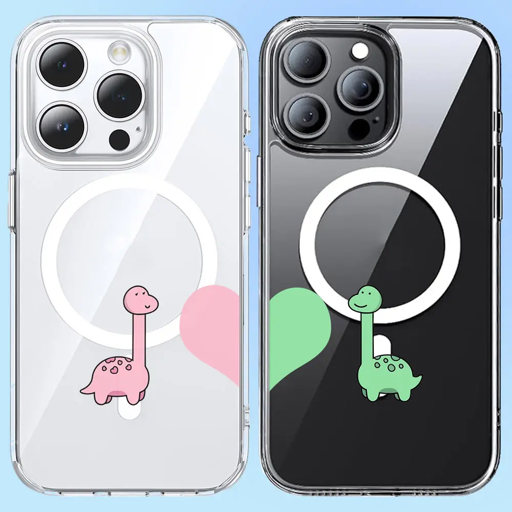 Heart-Shaped Cute Dinosaur Matching Pair Smartphone Casing Set - MagSafe Compatible, 360° Impact Dispersion, Shock-Absorbing TPU-Acrylic Hybrid, Paired Card Holder Wallet for iPhone 15/16 Pro Max, Samsung Galaxy S24, Phone Protection Accessories, Cute Din