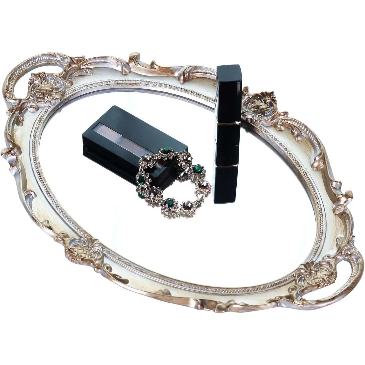 Antique Polyresin Ellipse Mirror Tray - Carved Edges, 9.8x14.6in Durable Golden-Silver Charm Box, Plastic Wheat Plastics Composite Bathroom Organizing Accessories, Room Accessories Counter Organizer for Makeup/Jewelry