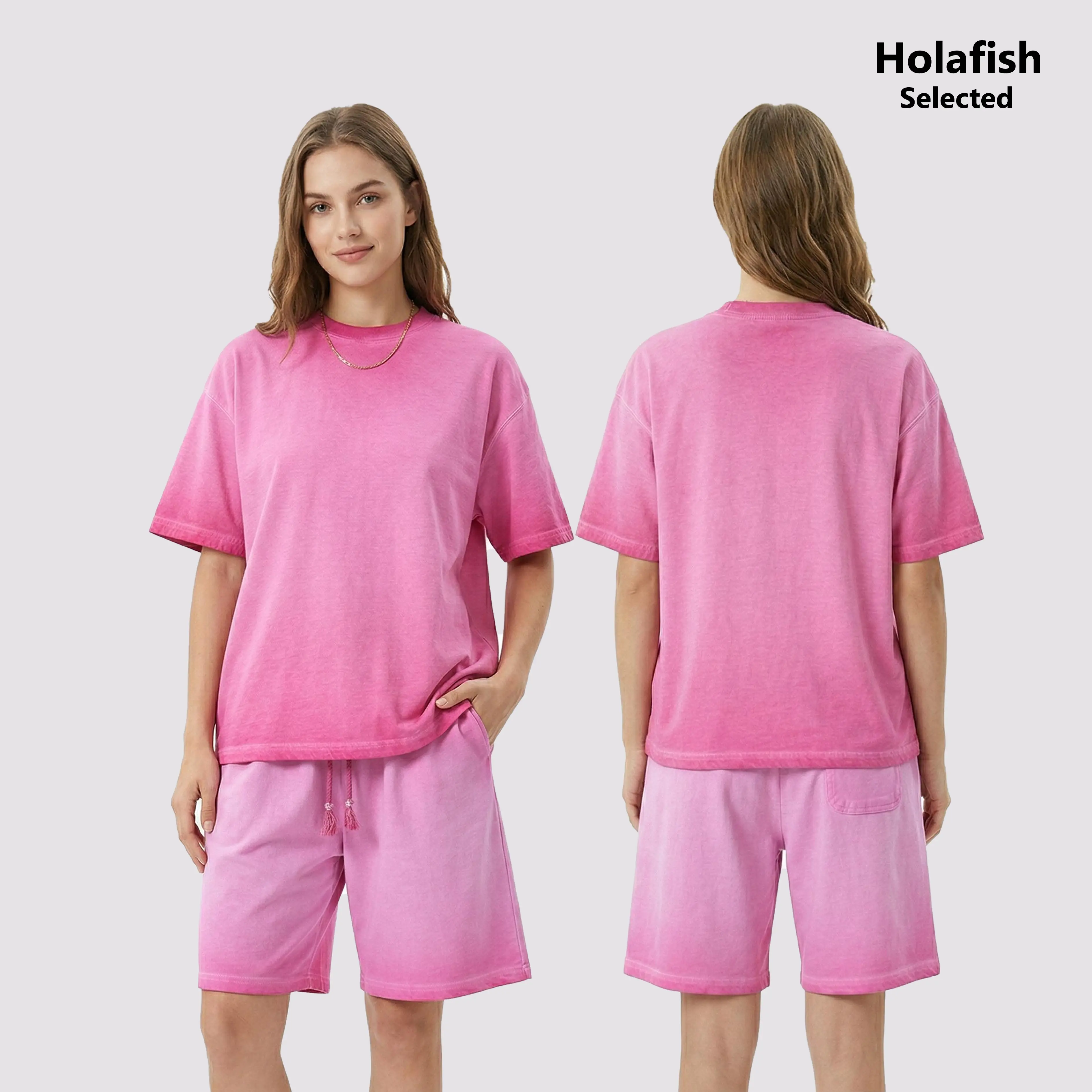 Holafish Women's Vintage Dirty Washed Set, Oversized Gradient Tee with Matching Shorts, Soft Breathable Cotton Coordinated Streetwear Outfit for Summer Vibes summervibes