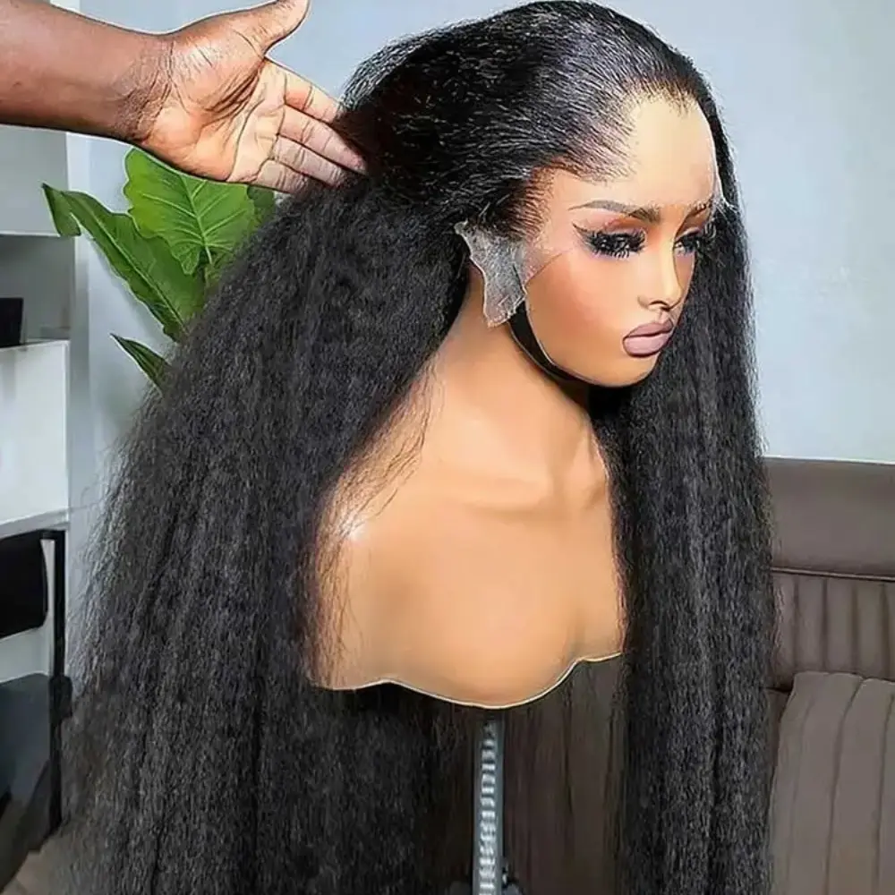 13X4 Kinky Straight Glueless Wigs Preplucked Lace Kinky Straight Lace Front Wig Yaki Straight Synthetic Hair Wig for Woman 200% Density, Versatile Wig, Daily Wear Wig, Highdensity Wig, Premium Synthetic Hair, Beauty Accessory