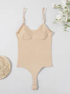 Ladies' Shapewear, Adjustable Spaghetti Strap, T-shaped Crotch Button, No Breast Pad, Solid Color Slimming Bodysuit, Underwear
