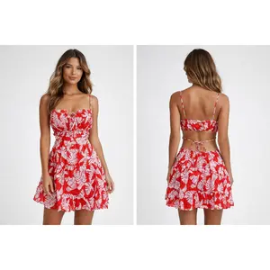 Women’s Bright Coral Tropical Leaf Pattern Mini Dress – Tie-Back Dress