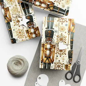 Watercolor Brown Nutcracker Wrapping Paper with Golden Snowflakes Festive Holiday Gift Wrap