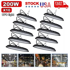 10-Pack 200W UFO High Bay Lights 30,000 Lumens, with US Plug and Suspension Chain LED Commercial Lighting Fixtures for Warehouses, Garages, Factories, Barns Commercial High Bay LED Lighting - Safe, Efficient, and Energy-Saving