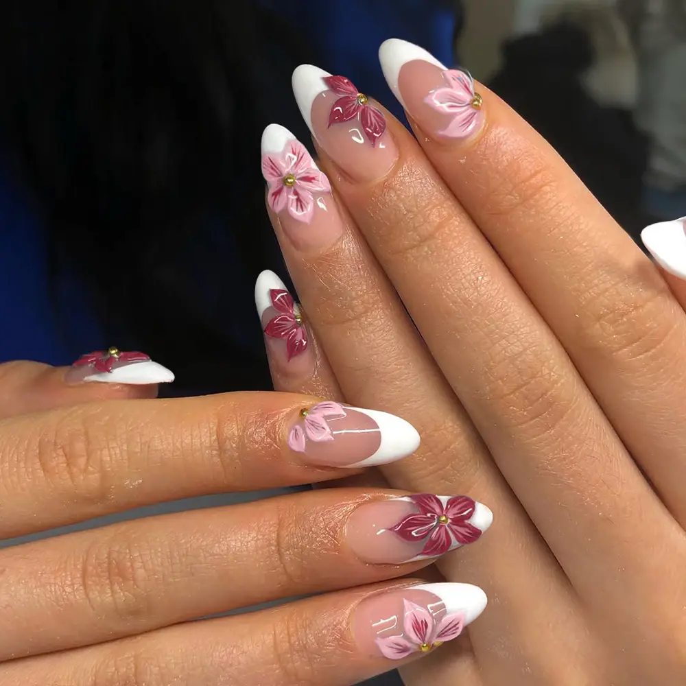 Elevate Your Style, 24pcs Medium Long Almond French Press-On Nails, Perfect Acrylic False Nail Set, Easy Wear Gel Petal Design, Nail Art Design, Flower Nails
