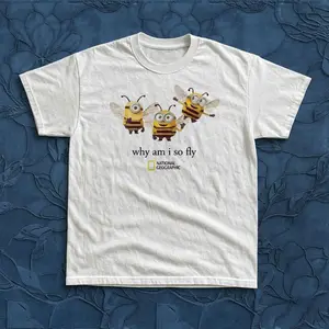 National Geographic "Why Am I So Fly" Minions Bee Tee – Funny Character Graphic Shirt, White Y2K Streetwear T-Shirt