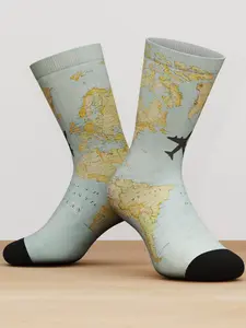 World Map Travel Crew Socks, One Pair, Airplane Graphic Socks, Bamboo Fiber Breathable Unisex Socks, Travel Lover Gift Socks, Aesthetic Daily Wear