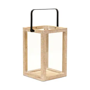 HomeRoots 634816 16 in. Clear & Natural Glass & Solid Wood Tabletop Lantern Candle Holder