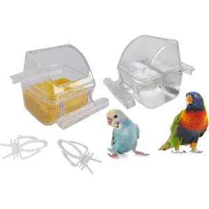 2 Pack Bird Feeders for Cage No Mess Parakeet Food Bowl with Cover Clear Hanging Parrot Water Dispenser Perch Cup Waterer Bird Dishes Seed Cage Cups Slot Replacement Feeder Bowls