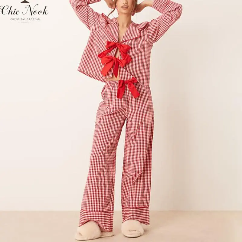 Women's Casual Plaid Outfits Fashionable Lapel V Neck Long Sleeve Bow Tie Front Tops with Pants 2Pcs Set