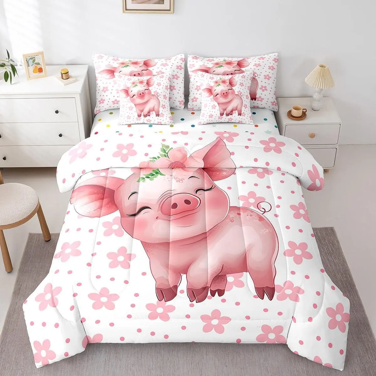 Cartoon Pig Bedding Comforter Sets 7 Pieces Pink Flower Floral Bed in a Bag,Cute Piggy Bedding Sets Kawaii Farm Animal Comforter Set,Chic Blossoms Bedding Sets & Collections