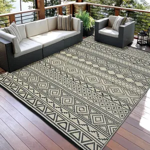Rug 9x12 Waterproof for Clearance Large Straw Mat for Camping Reversible Rug for RV,, Backyard, Deck,, Beach, Trailer, Black/Coffee(Boho)