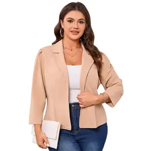 BLUEMING Plus Size Cropped Blazers for Women Business Casual Open Front Long Sleeve Lapel Neck Work Suit Jackets, Khaki - 4XL