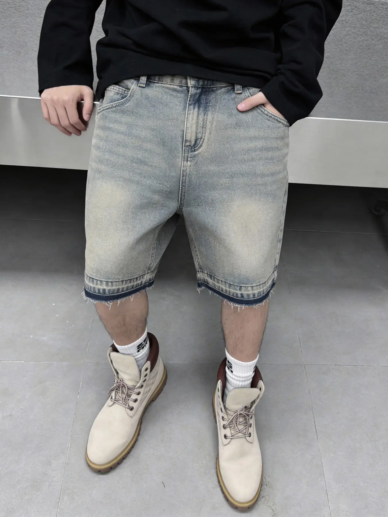 Men's retro, Vintage and nostalgic denim jeans shorts, naturally distressed and washed with a frayed ankle design, classic straight Relaxed Fit loose and casual, American Cityboy minimalist Aesthetic shorts