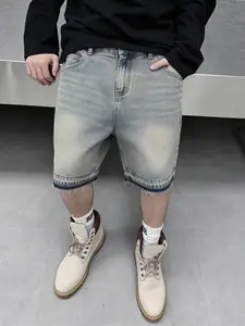 Men's retro, Vintage and nostalgic denim jeans shorts, naturally distressed and washed with a frayed ankle design, classic straight Relaxed Fit loose and casual, American Cityboy minimalist Aesthetic shorts